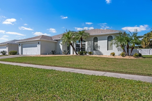 view of front of home featuring a garage, fence, driveway, stucco siding, and a front yard