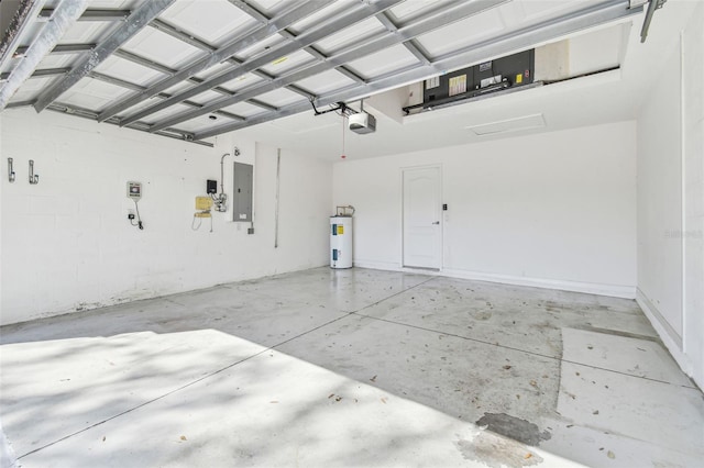 garage with a garage door opener, electric water heater, and electric panel