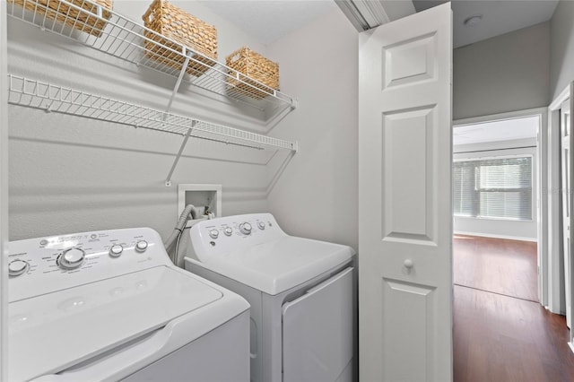 laundry room with independent washer and dryer, dark wood finished floors, and laundry area