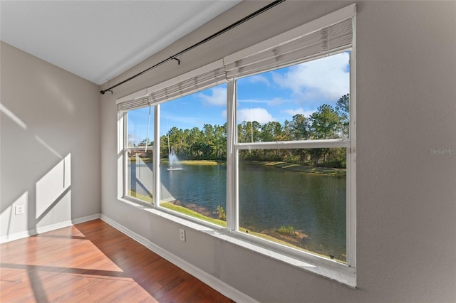 interior space featuring a water view