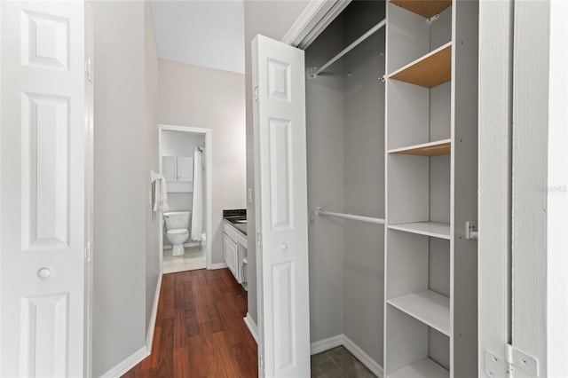 walk in closet with dark wood-style flooring