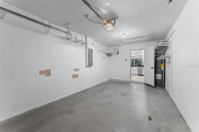 garage featuring electric water heater, electric panel, a garage door opener, washer and dryer, and concrete block wall