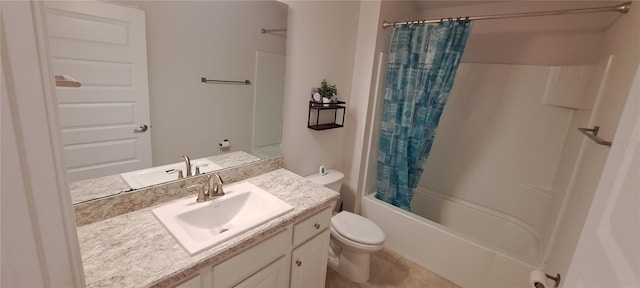 full bath featuring shower / bathtub combination with curtain, toilet, and vanity