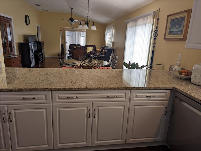 kitchen with open floor plan, lofted ceiling, dishwashing machine, dark wood-style floors, and white cabinets