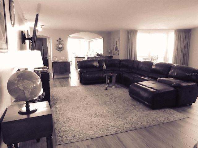 living room with arched walkways and wood finished floors