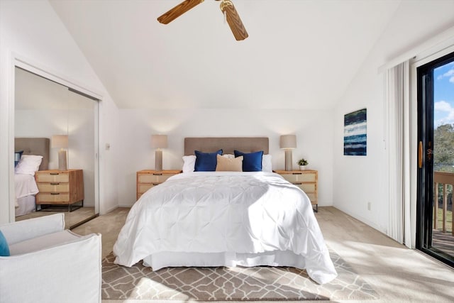 bedroom featuring light colored carpet, access to exterior, a ceiling fan, and vaulted ceiling