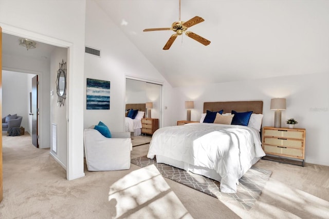 bedroom with carpet flooring, a ceiling fan, visible vents, and high vaulted ceiling