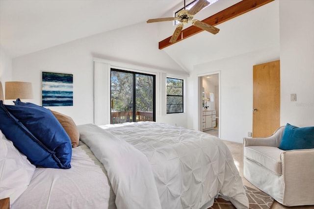 bedroom featuring carpet floors, ensuite bath, beam ceiling, ceiling fan, and access to outside