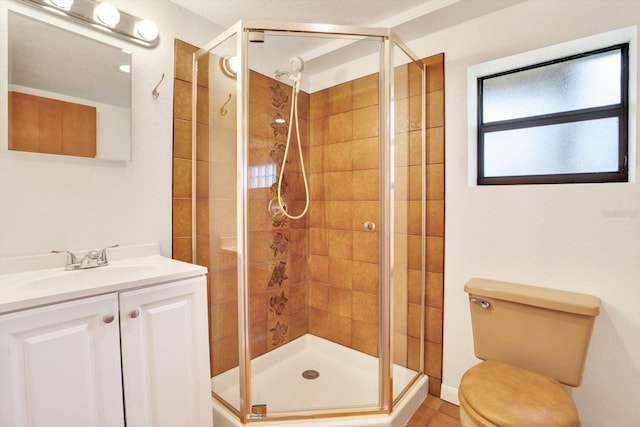 full bath with toilet, a stall shower, and vanity