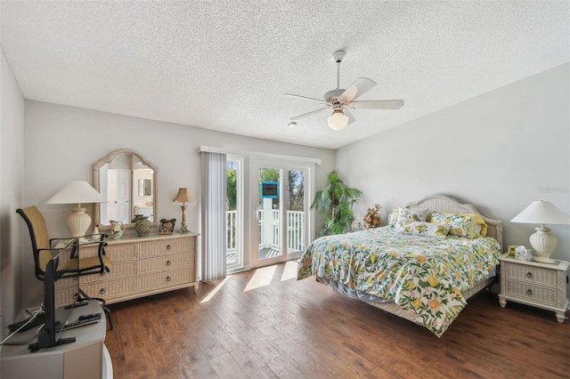 bedroom with ceiling fan, access to outside, wood-type flooring, and a textured ceiling