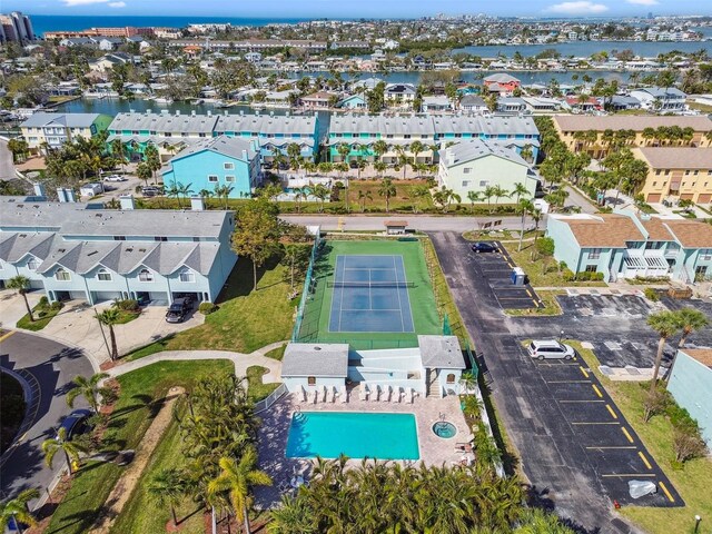 aerial view with a water view and a residential view