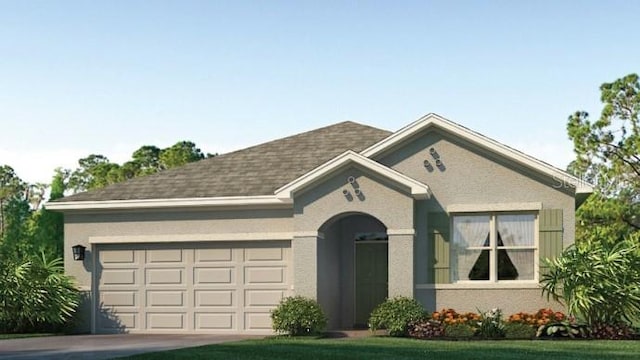 view of front of home with a garage, driveway, a shingled roof, and stucco siding