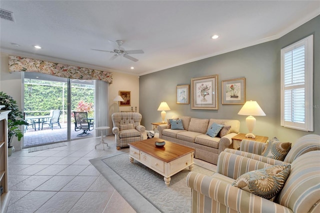 living room featuring ornamental molding, recessed lighting, and visible vents