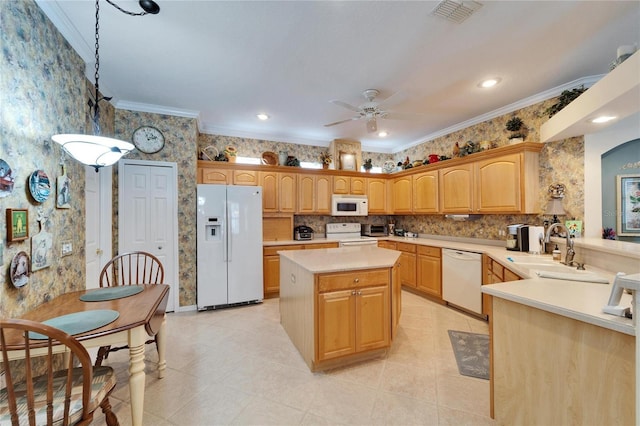 kitchen with white appliances, wallpapered walls, light countertops, crown molding, and a sink