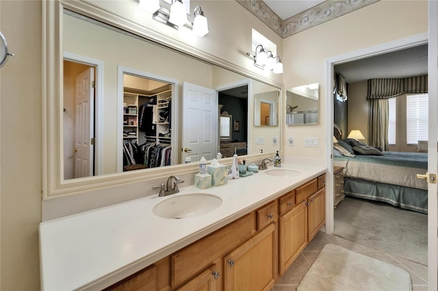 bathroom featuring double vanity, a walk in closet, a sink, and ensuite bathroom