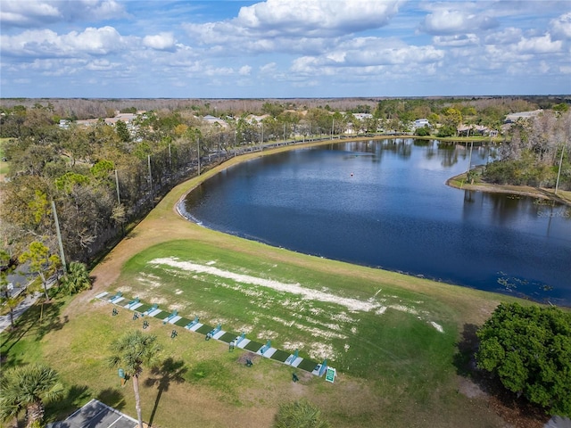 drone / aerial view with a water view