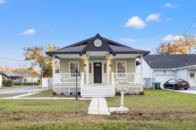 bungalow-style home featuring a porch, a garage, roof with shingles, and a front lawn