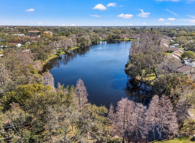 birds eye view of property with a water view and a view of trees