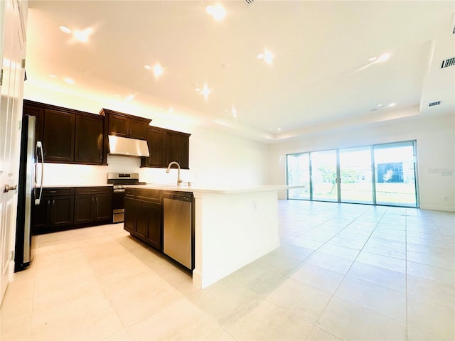 kitchen featuring stainless steel appliances, a tray ceiling, open floor plan, and under cabinet range hood