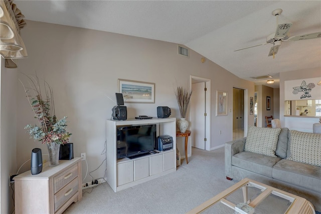 living room with lofted ceiling, ceiling fan, light colored carpet, visible vents, and baseboards