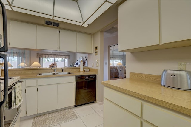 kitchen featuring black dishwasher, white range with electric stovetop, light countertops, and a sink