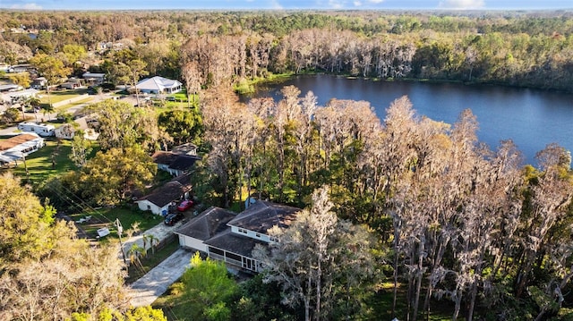 birds eye view of property with a water view and a view of trees