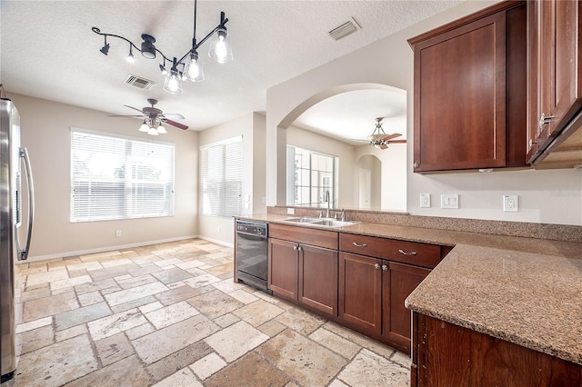 kitchen featuring dishwasher, ceiling fan, a sink, and stainless steel fridge with ice dispenser