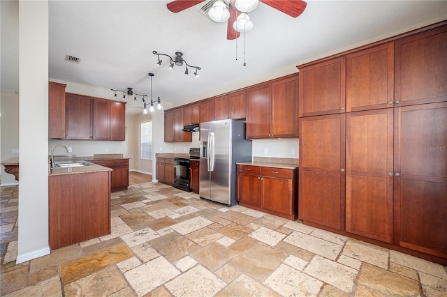 kitchen featuring stone tile flooring, black electric range, and stainless steel refrigerator with ice dispenser