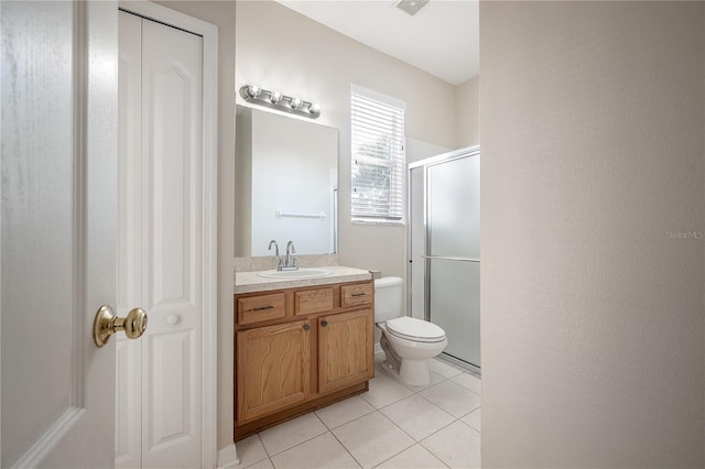 bathroom featuring visible vents, toilet, a stall shower, vanity, and tile patterned floors