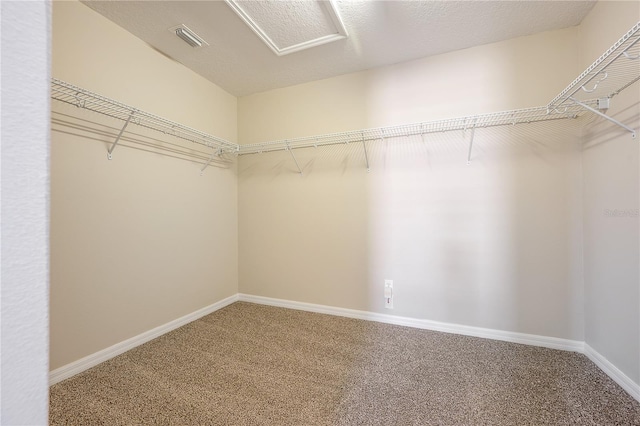 spacious closet featuring carpet floors, attic access, and visible vents