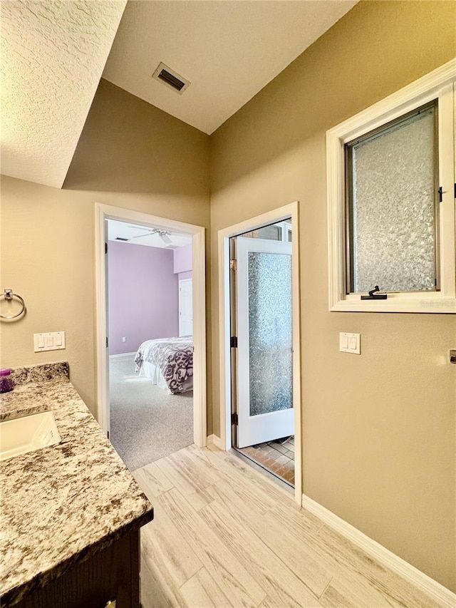 interior space featuring visible vents, ensuite bathroom, vanity, wood finished floors, and baseboards