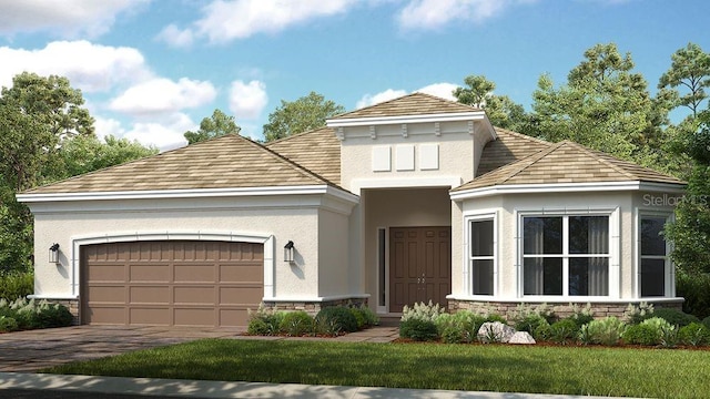 view of front of home with an attached garage, stone siding, driveway, and stucco siding