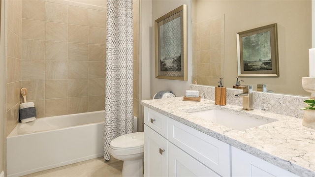 full bath featuring shower / bathtub combination with curtain, vanity, and toilet