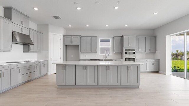 5646 Nevis Ter, Kissimmee, FL 34758 - kitchen featuring gray cabinetry, under cabinet range hood, double oven, a sink, and recessed lighting