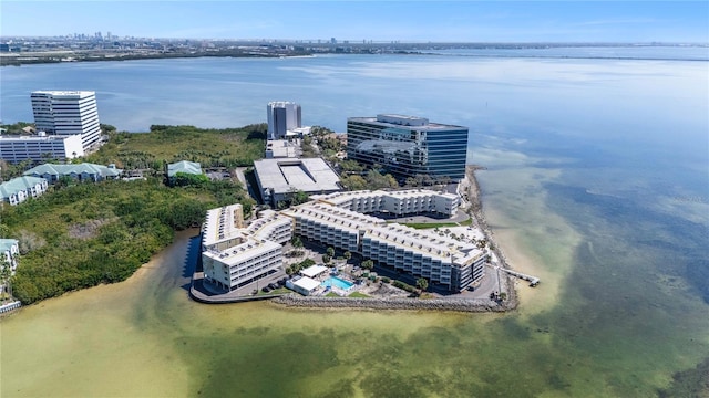 aerial view featuring a water view and a view of city