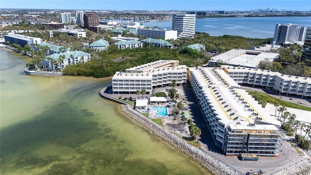 bird's eye view with a water view and a view of city