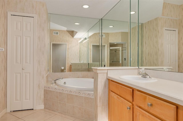 full bathroom featuring a shower stall, visible vents, a closet, and tile patterned floors