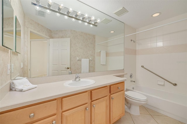 full bathroom featuring shower / tub combination, toilet, tile patterned flooring, vanity, and visible vents