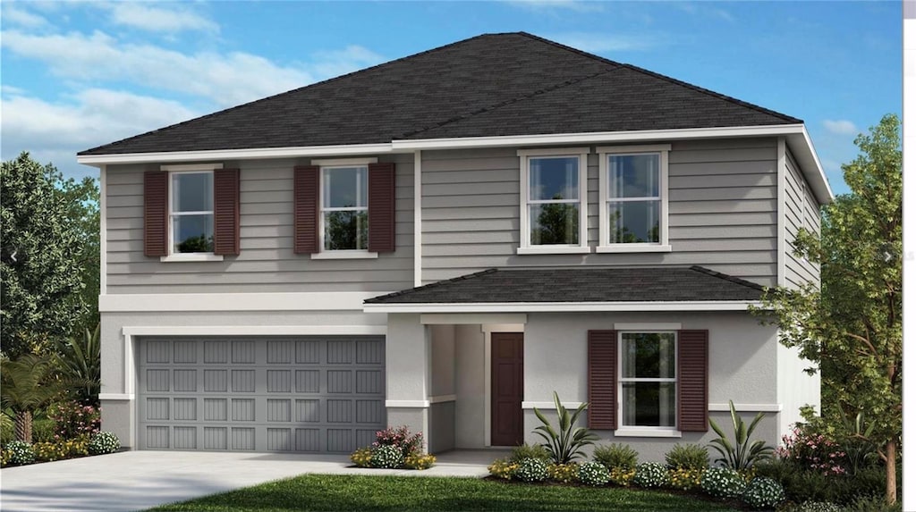 view of front of property with a garage, concrete driveway, roof with shingles, and stucco siding