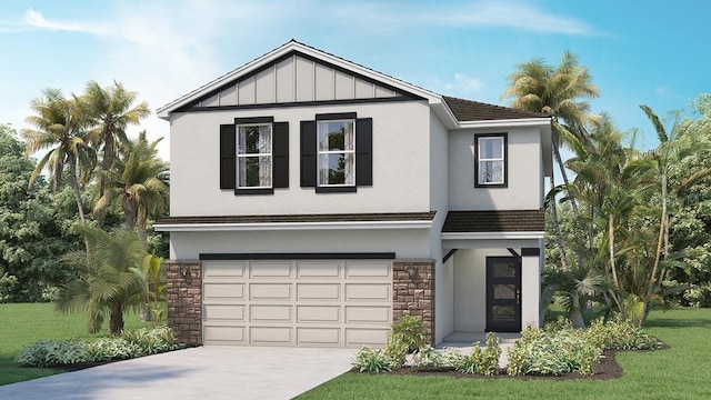 view of front of home featuring driveway, stone siding, a garage, and stucco siding