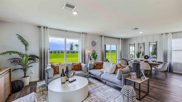 living room with plenty of natural light, wood finished floors, and visible vents