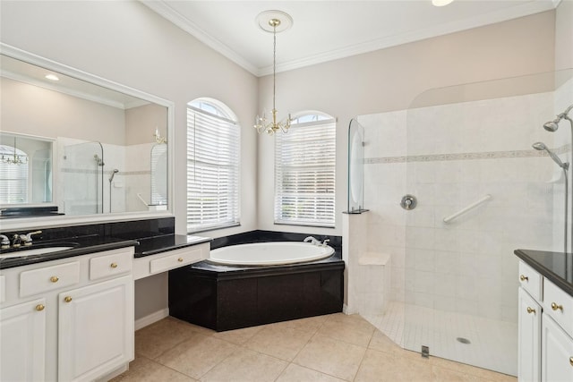 full bath with tile patterned flooring, ornamental molding, a walk in shower, and vanity