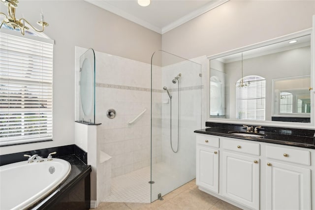 full bathroom with a garden tub, crown molding, vanity, a walk in shower, and tile patterned flooring