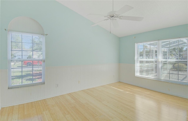 empty room with lofted ceiling, wood finished floors, a wainscoted wall, and a wealth of natural light