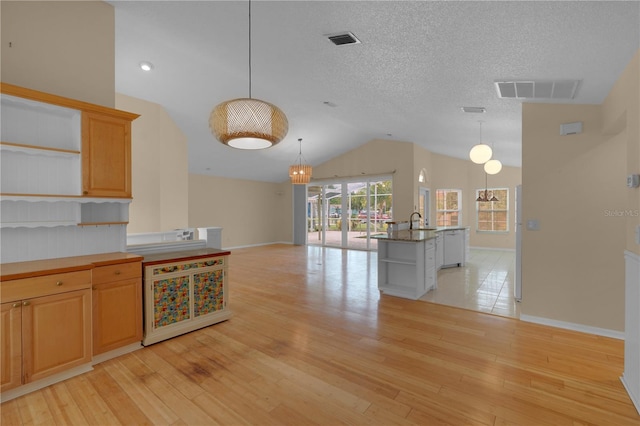 10302 Belltower St, Spring Hill, FL 34608 - kitchen featuring open shelves, lofted ceiling, light wood-style flooring, baseboards, and decorative light fixtures