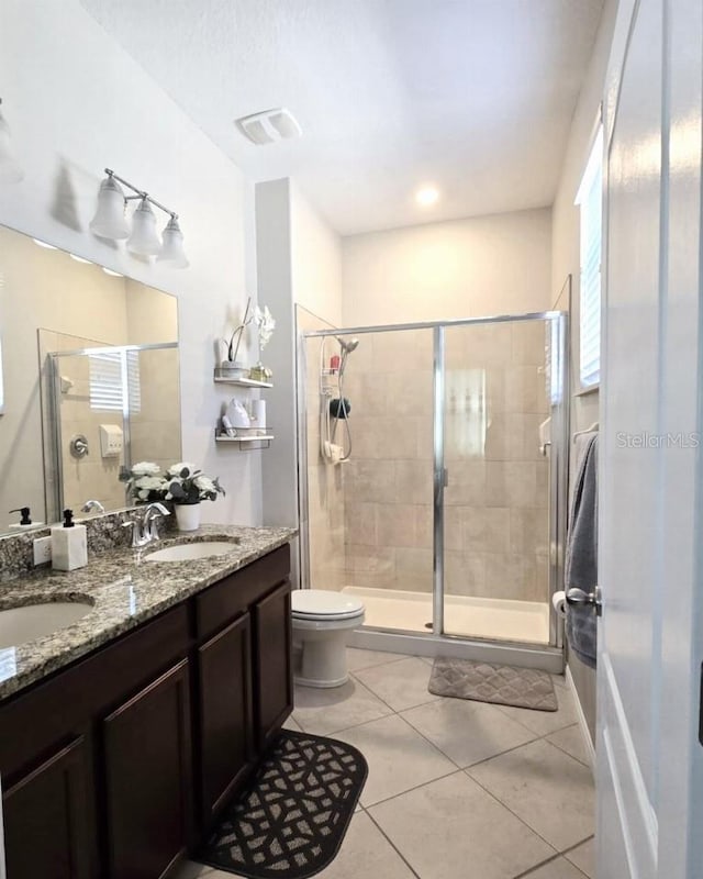 bathroom featuring visible vents, double vanity, a stall shower, a sink, and tile patterned flooring