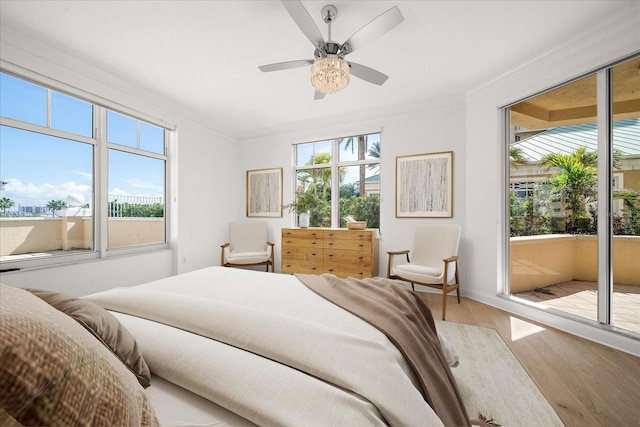 bedroom with light wood finished floors, access to outside, multiple windows, and ornamental molding