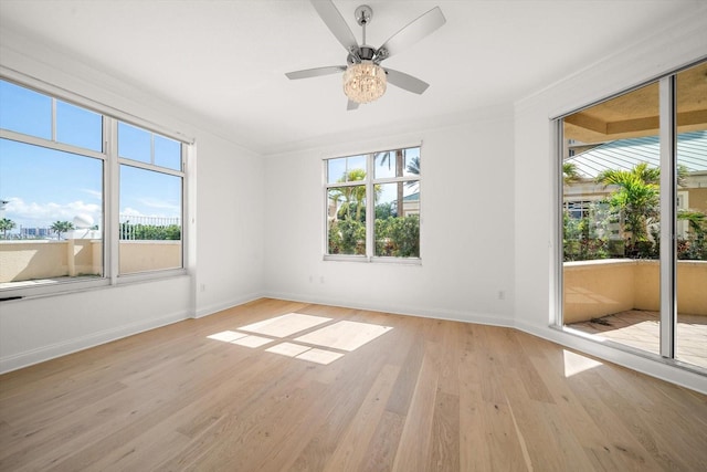 spare room with plenty of natural light, light wood-type flooring, a ceiling fan, and baseboards