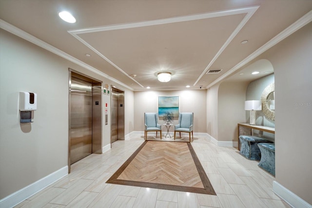 interior space featuring ornamental molding, recessed lighting, elevator, and baseboards