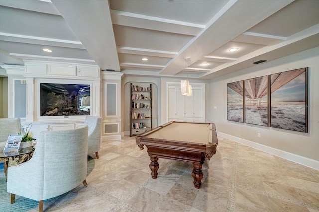 rec room with billiards, baseboards, coffered ceiling, beamed ceiling, and recessed lighting